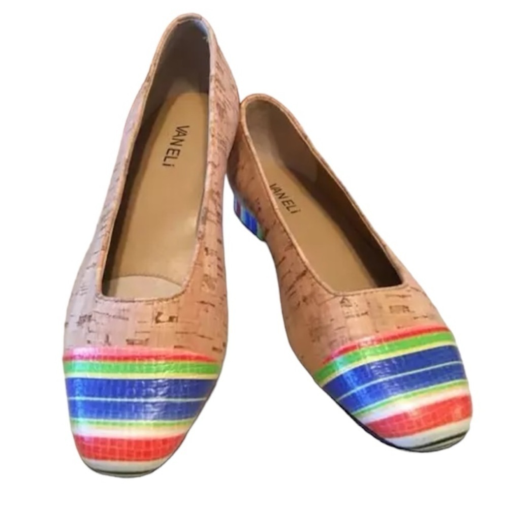 Vanelli colorful stripes cap toe slip on‎ Oxford flats Sz 9 cork